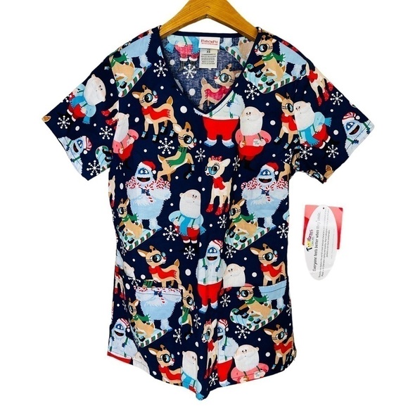 Rudolph The Red Nosed Reindeer & Santa V-Neck Short Sleeve Scrub Top Size XS NWT - Picture 1 of 6